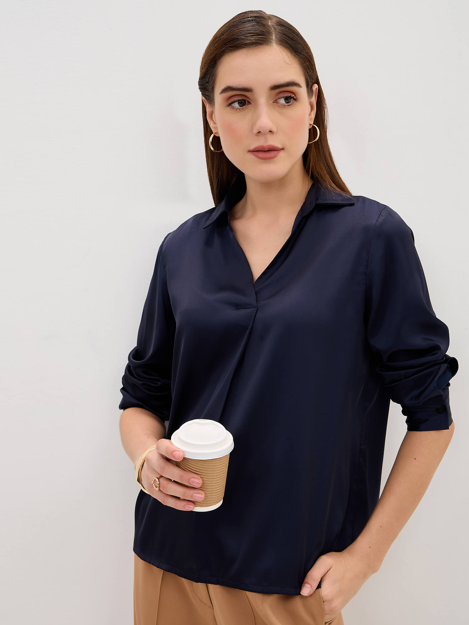 Andorra Front Pleat With Metallic Button Top-Navy