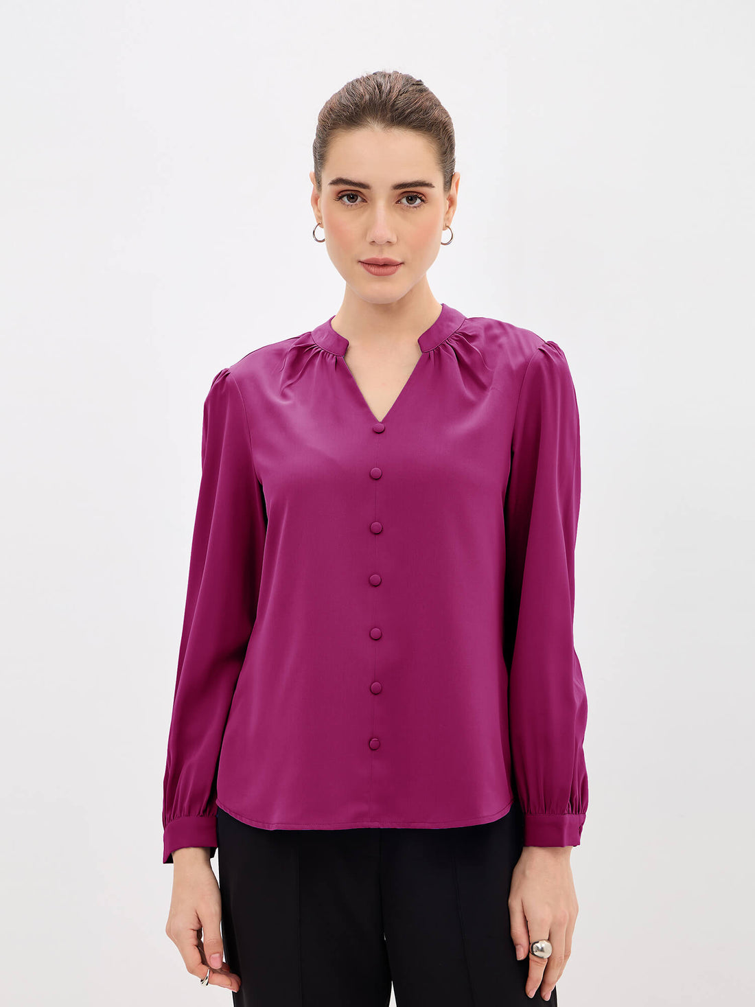 Odyssey  Gathered V-Neck Buttoned Top-Pink