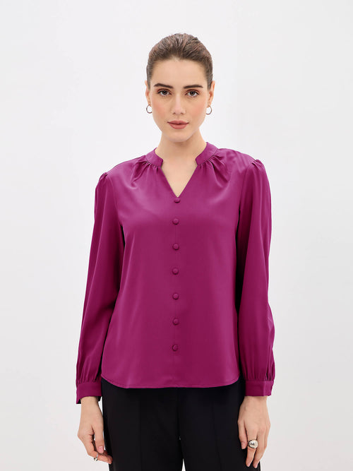 Odyssey  Gathered V-Neck Buttoned Top-Pink