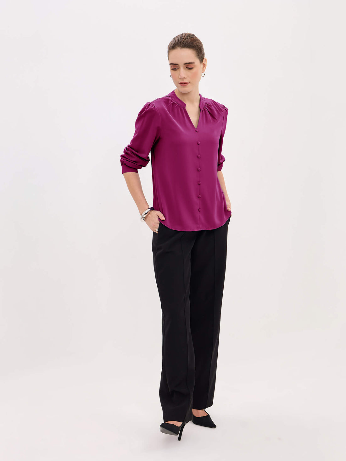Odyssey  Gathered V-Neck Buttoned Top-Pink