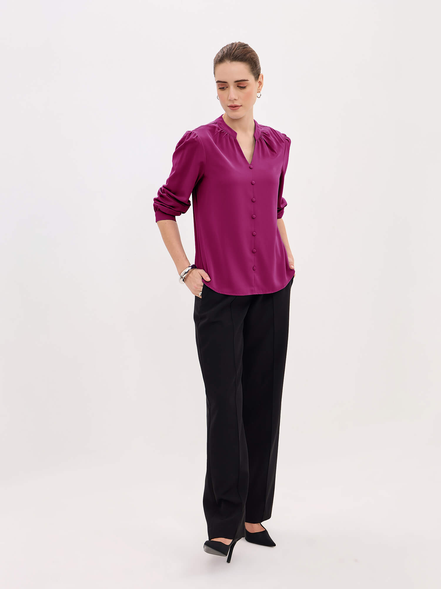 Odyssey Gathered V-Neck Buttoned Top-Pink