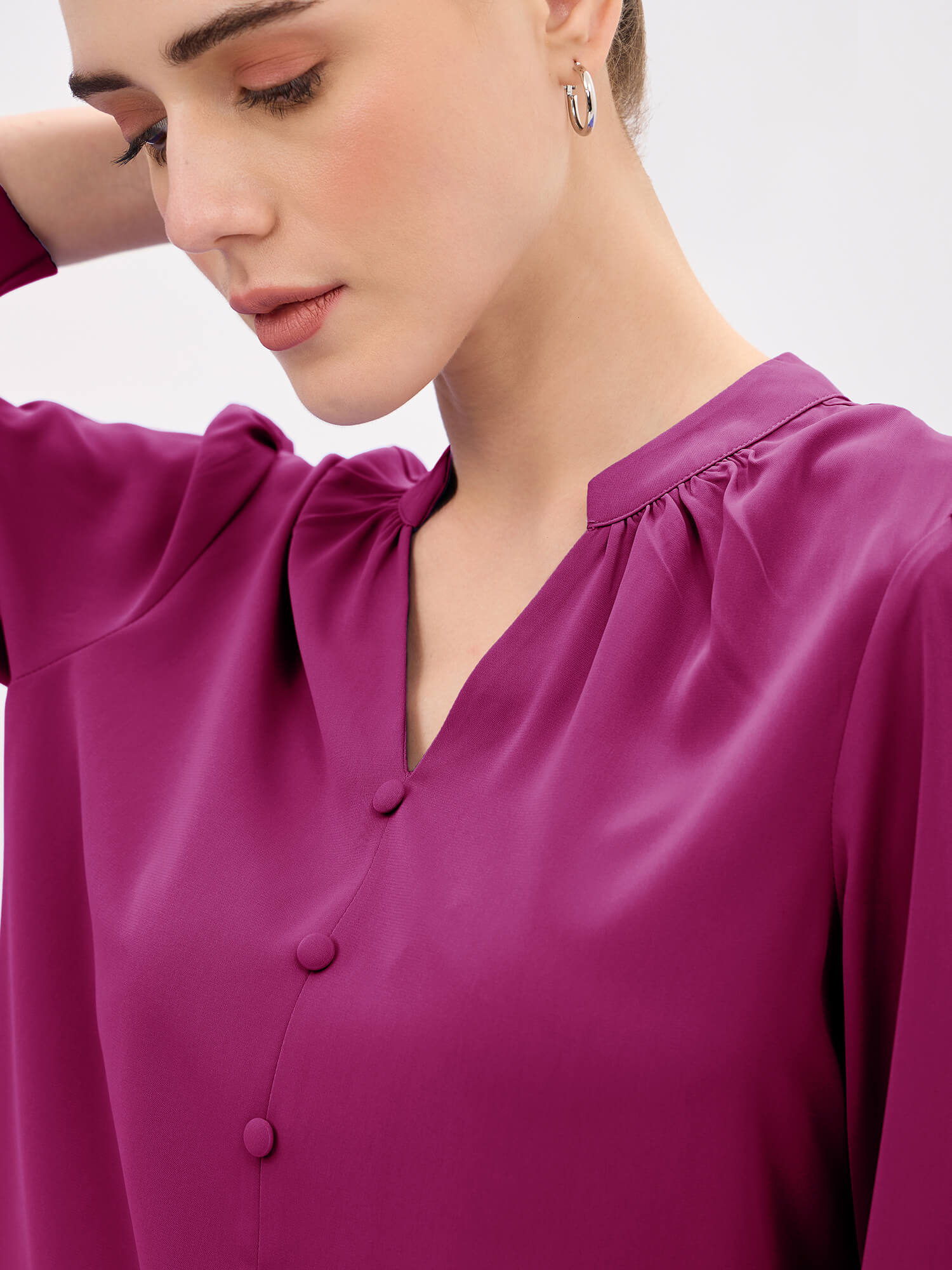 Odyssey Gathered V-Neck Buttoned Top-Pink