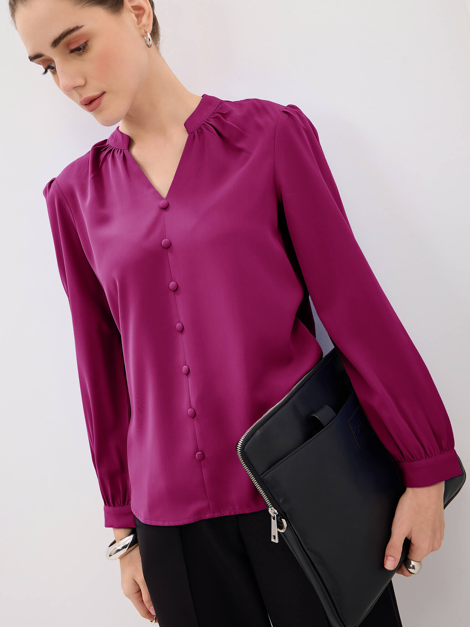 Odyssey Gathered V-Neck Buttoned Top-Pink
