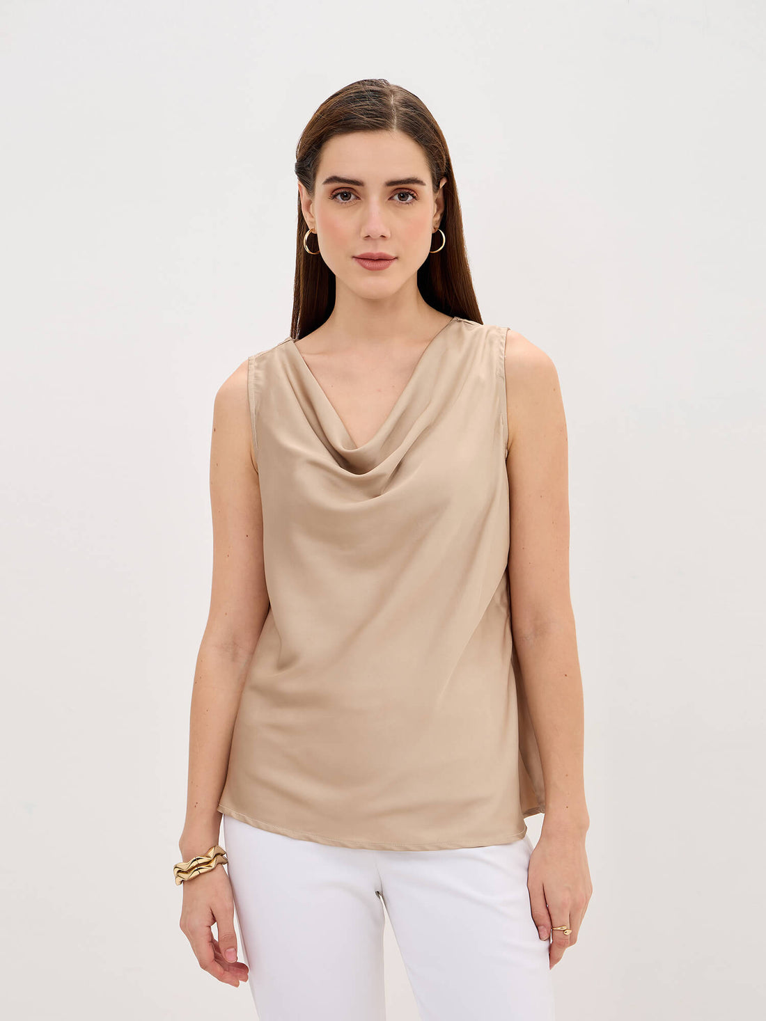 Emma Sleeveless Cowl Neck Top-Sand Gold
