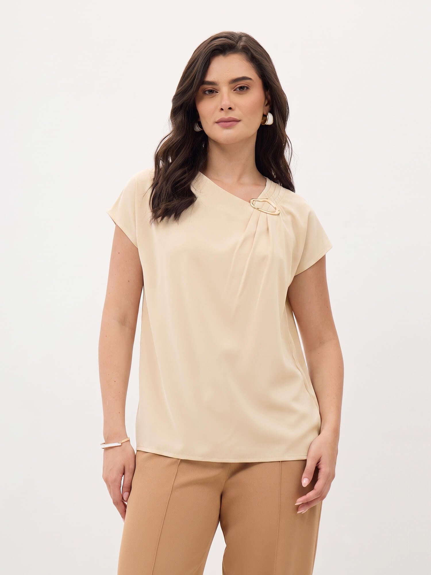 Thalia Asymmetric Neck Top-Beige