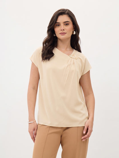 Thalia Asymmetric Neck Top-Beige