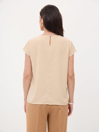 Thalia Asymmetric Neck Top-Beige