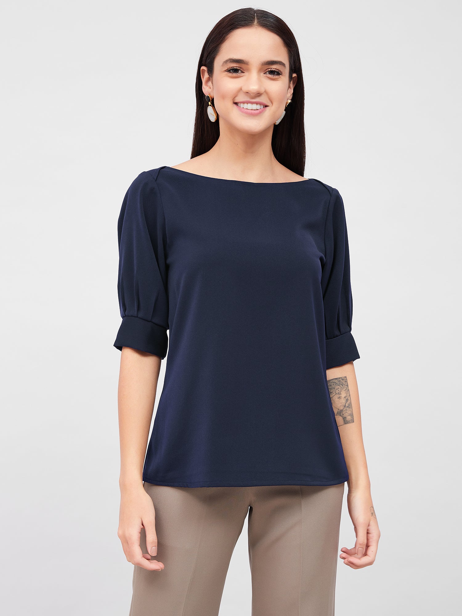 Mocha Pleated Sleeve Top - Navy