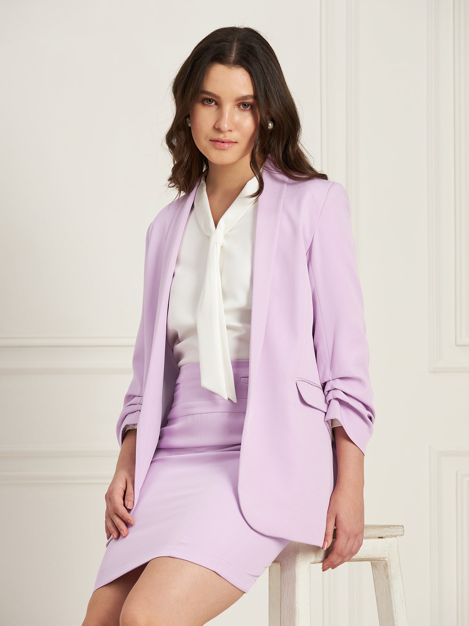 Spunky Ruched Sleeve Blazer-Lavender