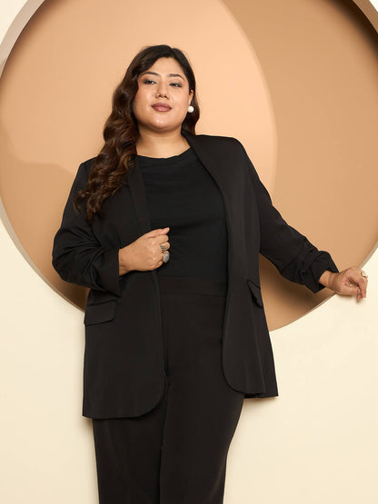 LB-Valorous Ruched Sleeve Blazer-Black
