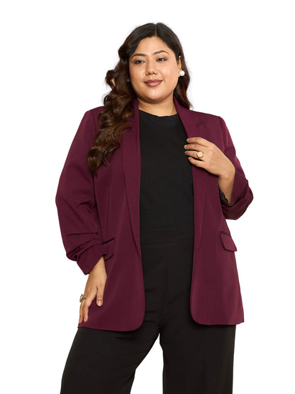 LB-Valorous Ruched Sleeve Blazer-Burgundy