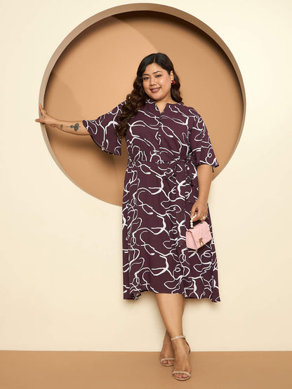 Mia Fit and Flared Belted Dress-Wine/White