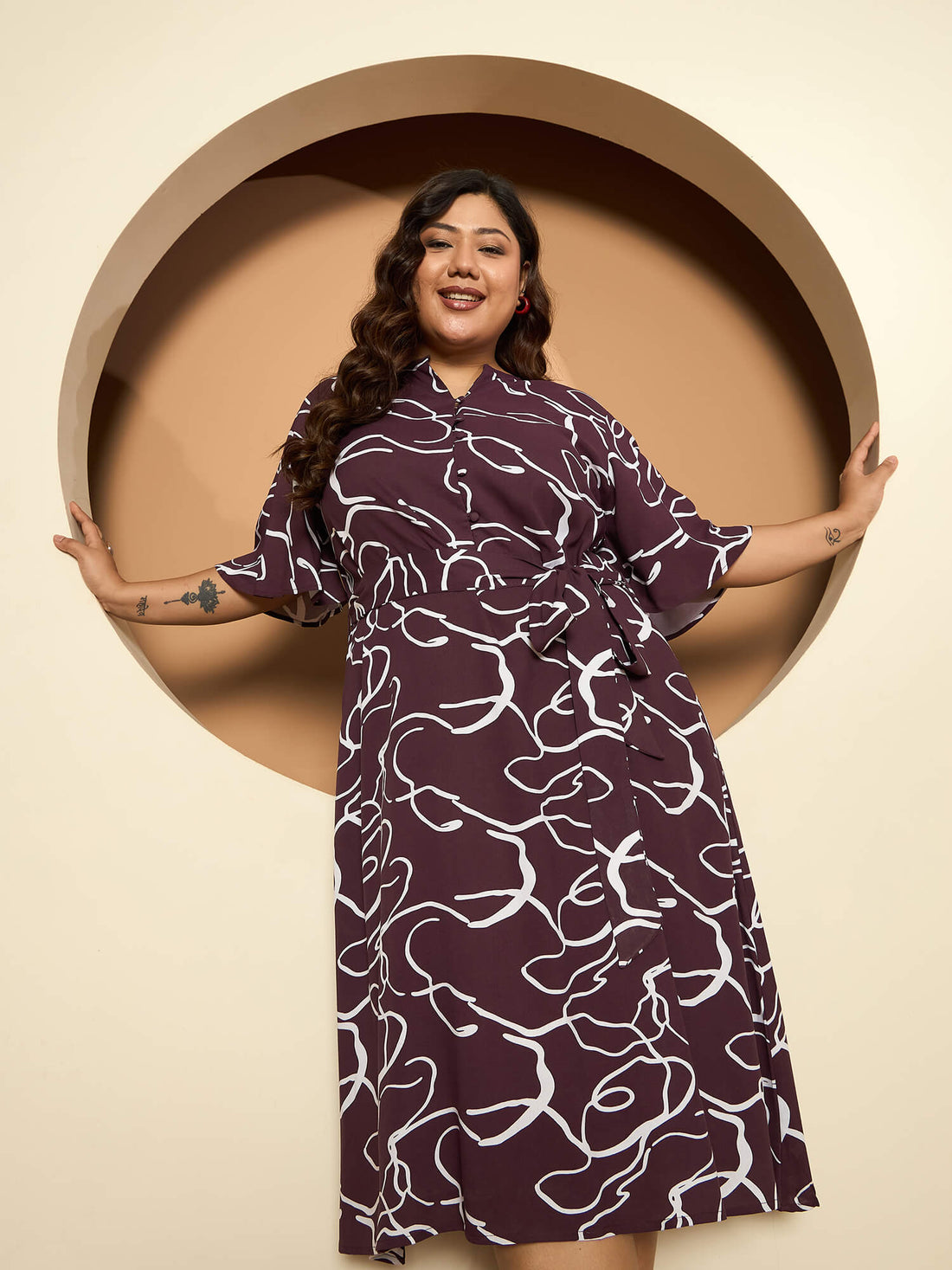 LB-Mia Fit and Flared Belted Dress-Wine/White