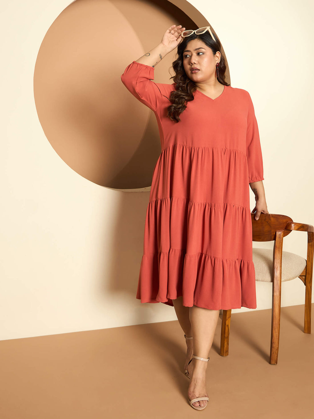 LB-Lavinia Elasticated Sleeve Tiered Dress-Rust