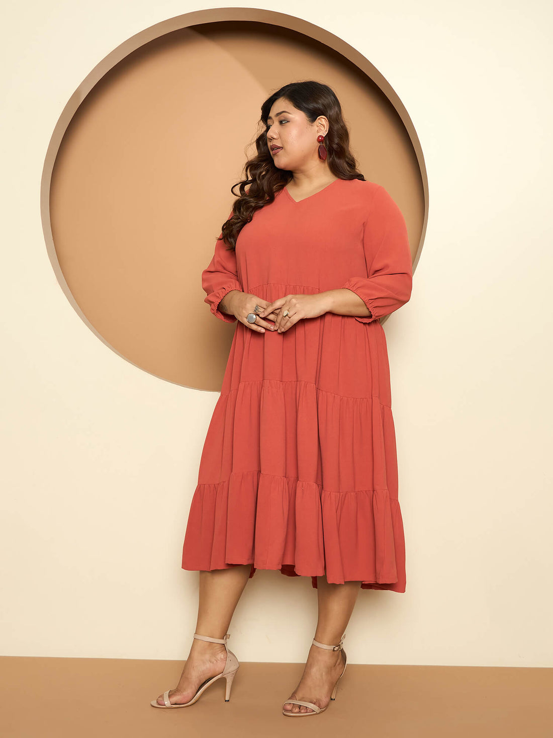 LB-Lavinia Elasticated Sleeve Tiered Dress-Rust