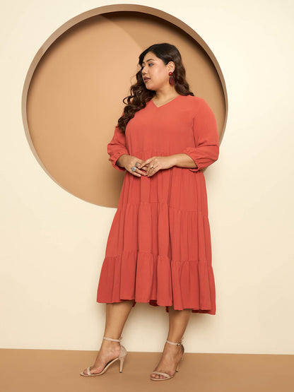 LB-Lavinia Elasticated Sleeve Tiered Dress-Rust