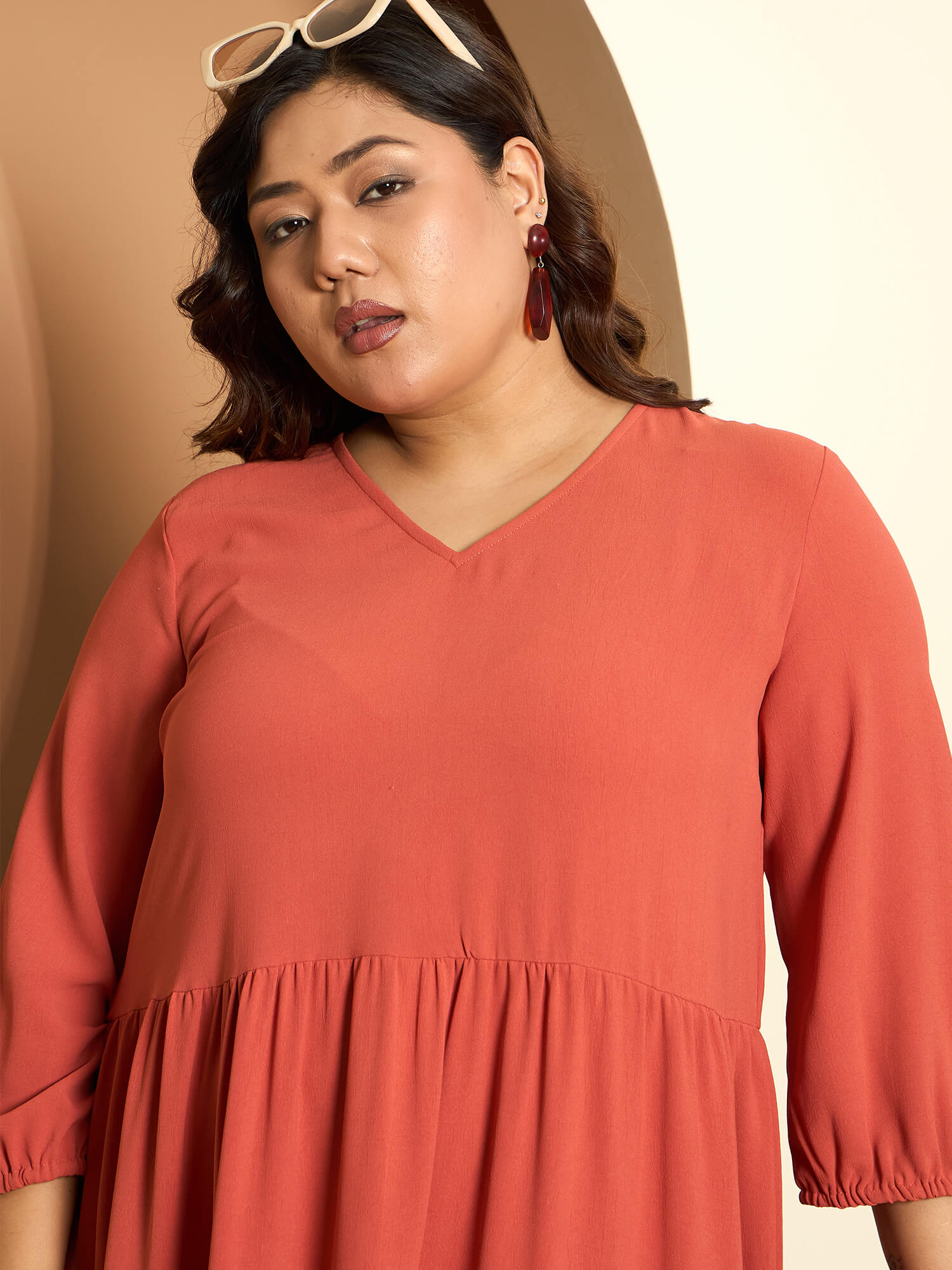 LB-Lavinia Elasticated Sleeve Tiered Dress-Rust