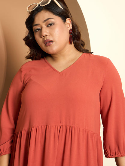 LB-Lavinia Elasticated Sleeve Tiered Dress-Rust