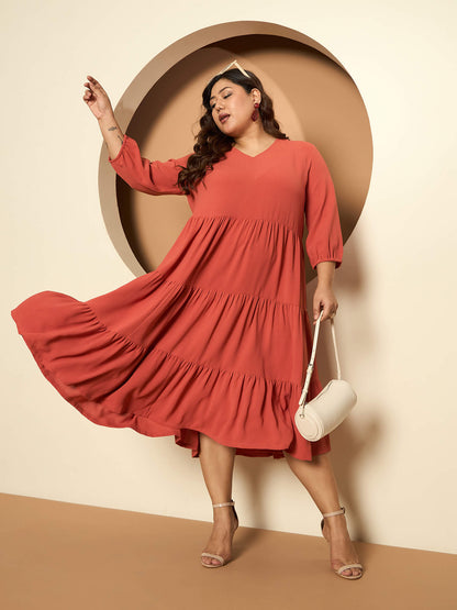 LB-Lavinia Elasticated Sleeve Tiered Dress-Rust
