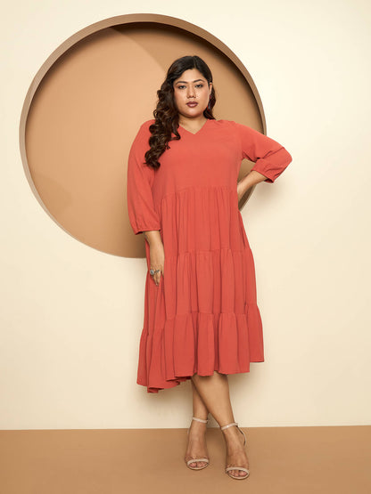 LB-Lavinia Elasticated Sleeve Tiered Dress-Rust