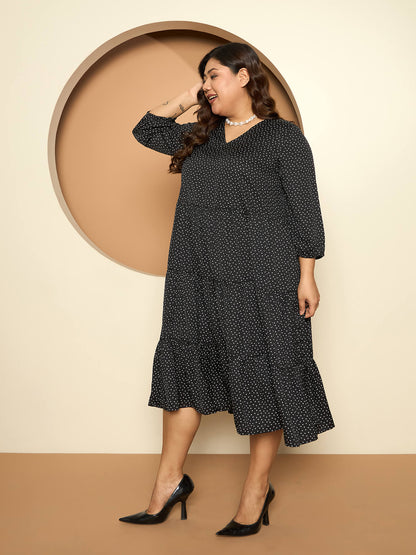 LB-Maira Elasticated Sleeve Tiered Dress-Black/White