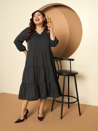 LB-Maira Elasticated Sleeve Tiered Dress-Black/White