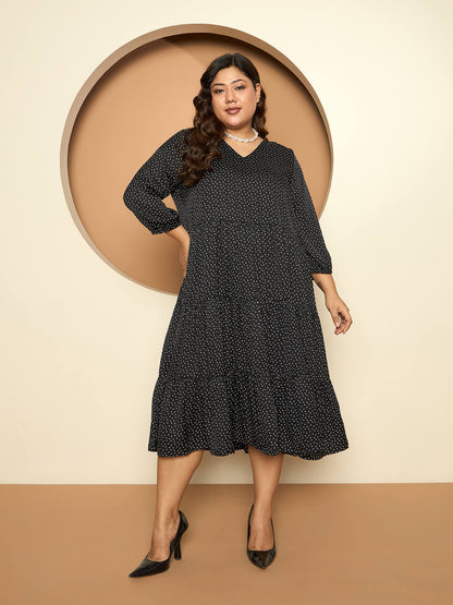 LB-Maira Elasticated Sleeve Tiered Dress-Black/White