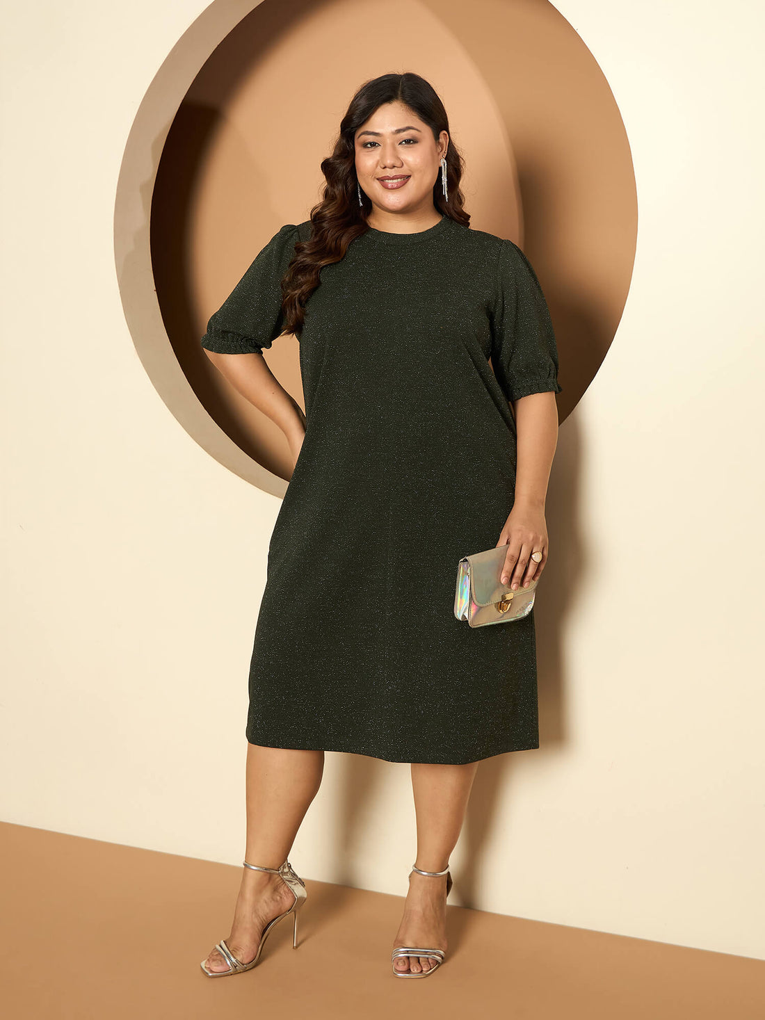 LB-Harper Gathered Sleeve Shift Dress-Dark Green