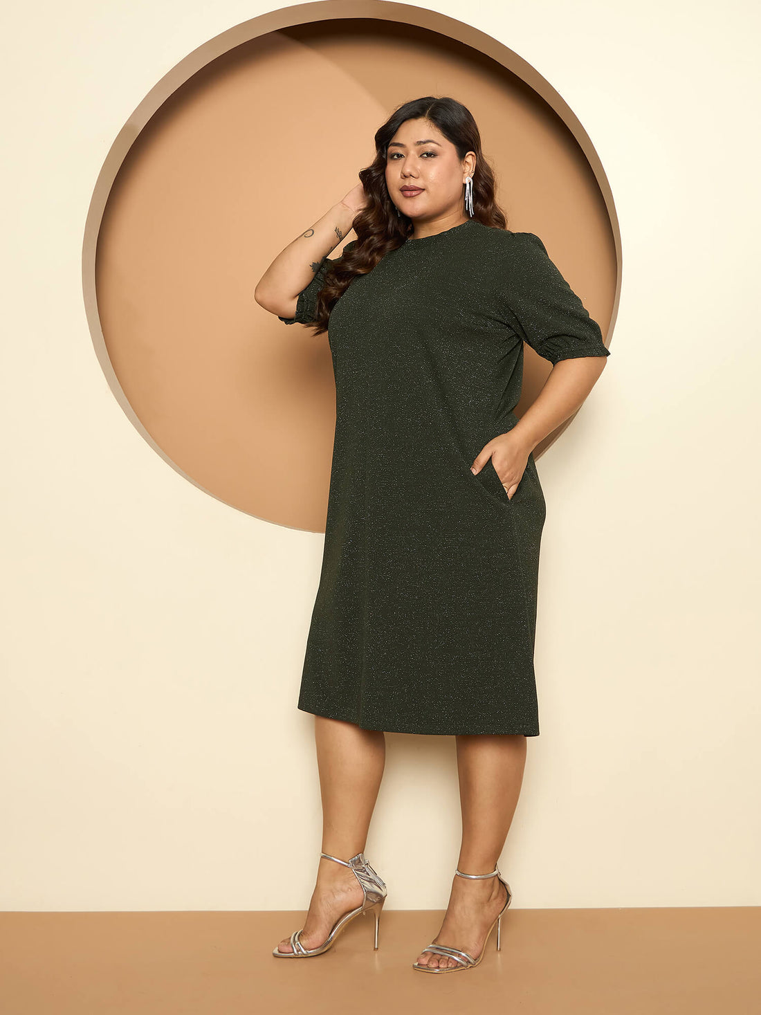 LB-Harper Gathered Sleeve Shift Dress-Dark Green