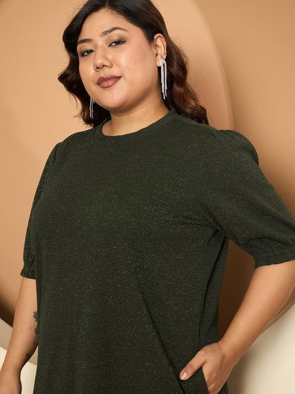 LB-Harper Gathered Sleeve Shift Dress-Dark Green