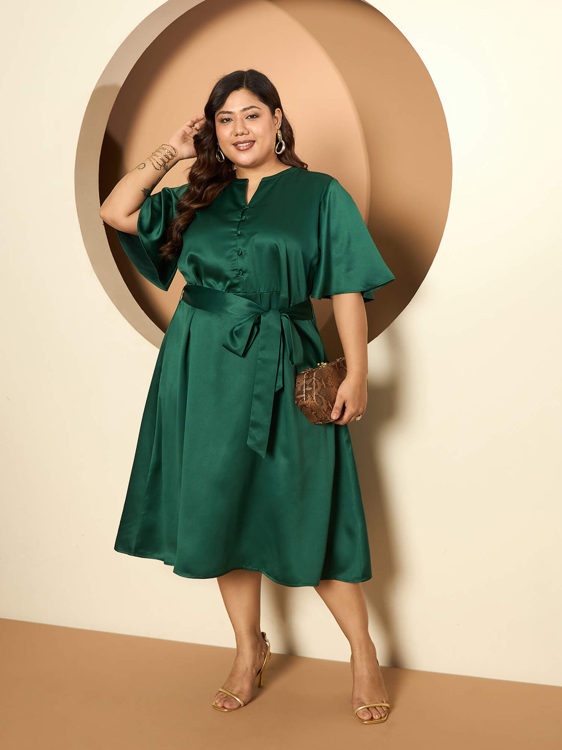 LB-Alana Fit and Flared Belted Dress-Emerald Green