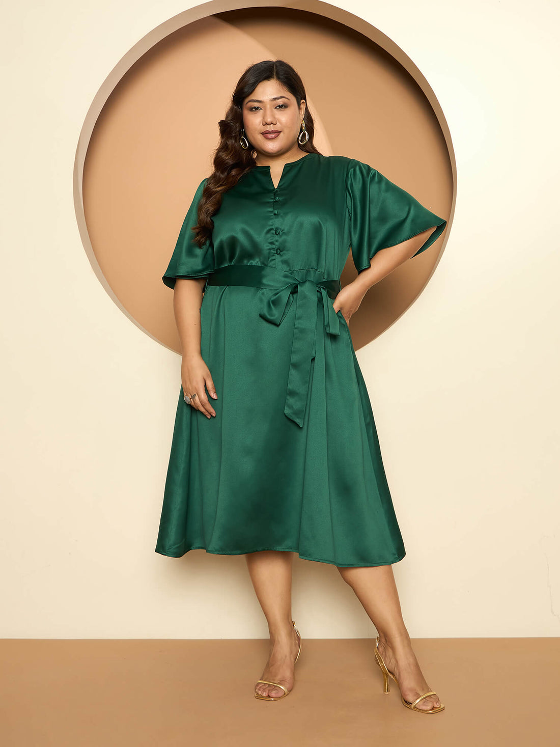 LB-Alana Fit and Flared Belted Dress-Emerald Green