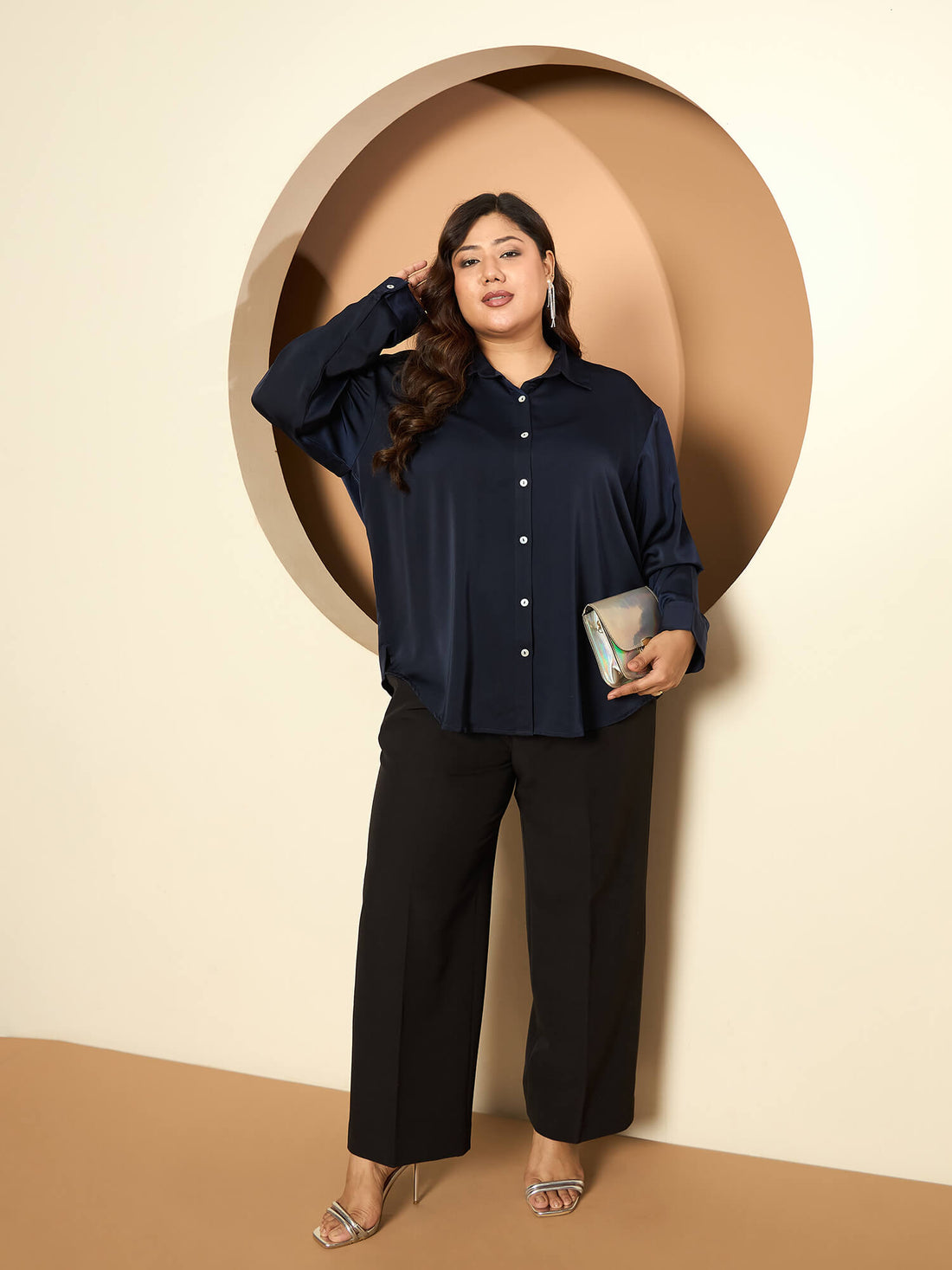 LB-Nicola Satin Button Down Shirt-Navy