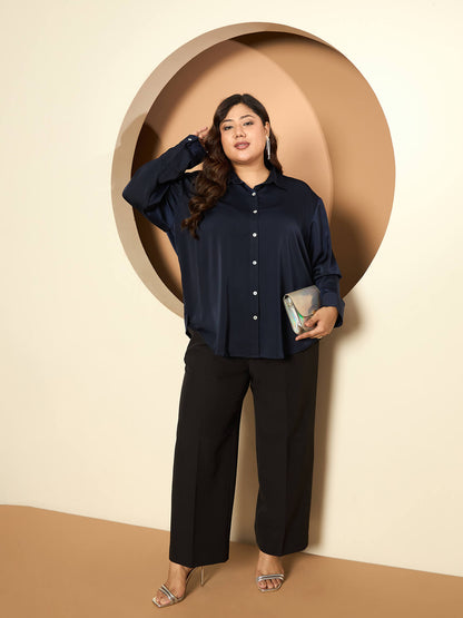 LB-Nicola Satin Button Down Shirt-Navy