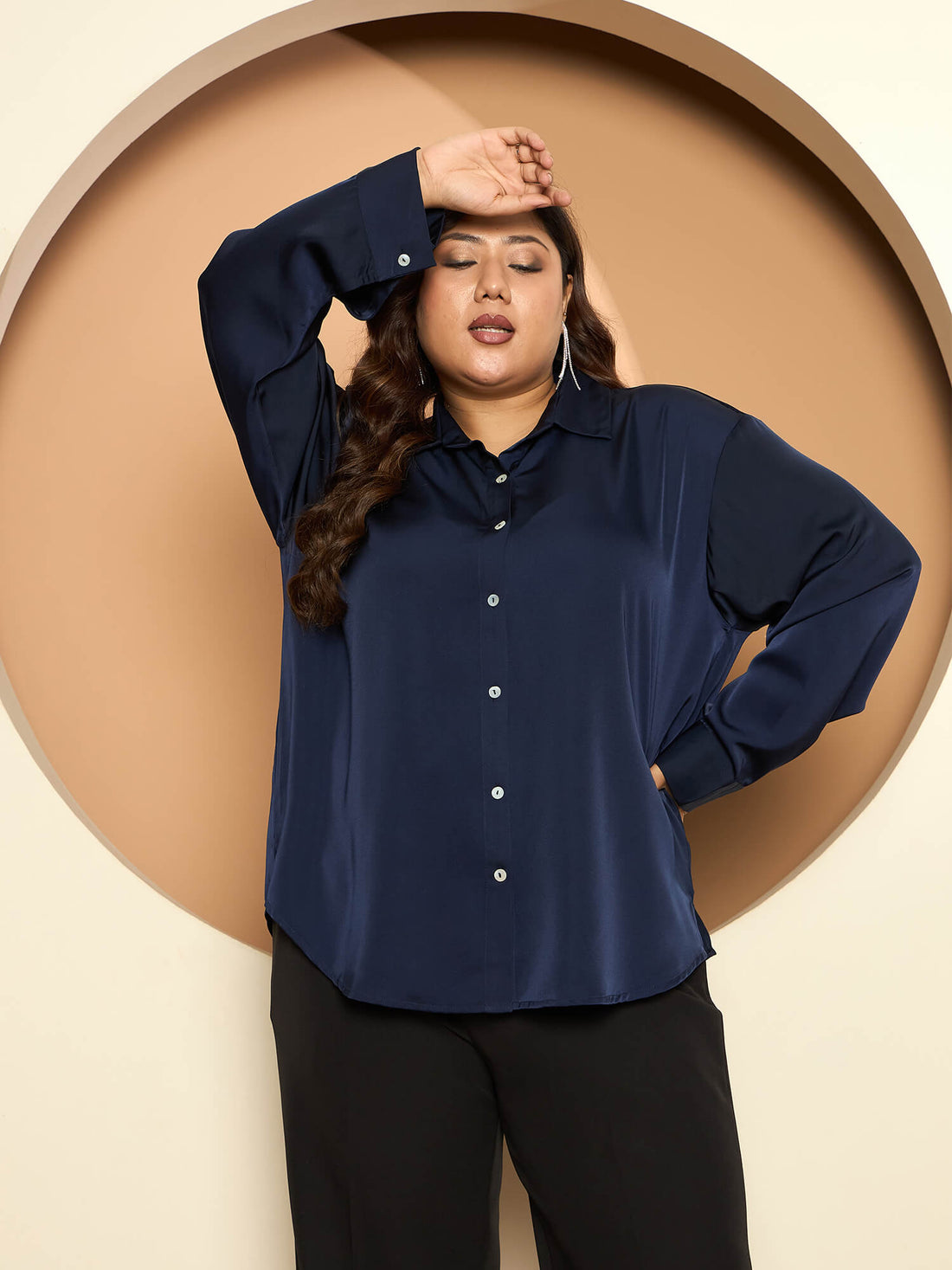 LB-Nicola Satin Button Down Shirt-Navy