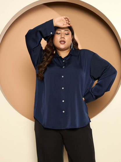 LB-Nicola Satin Button Down Shirt-Navy