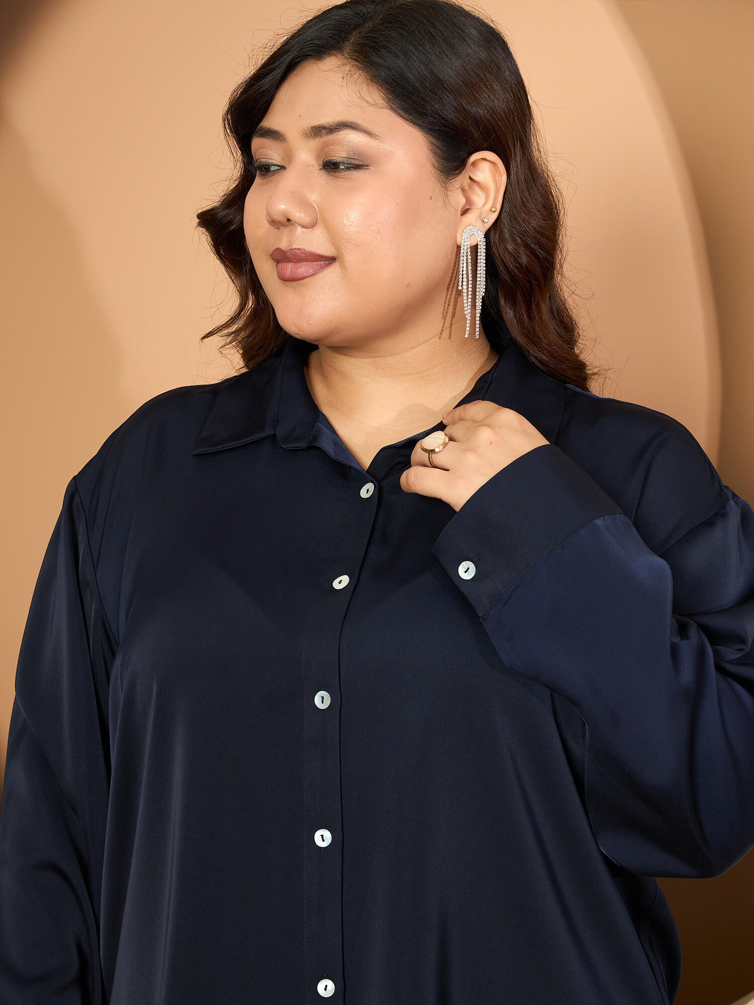 LB-Nicola Satin Button Down Shirt-Navy