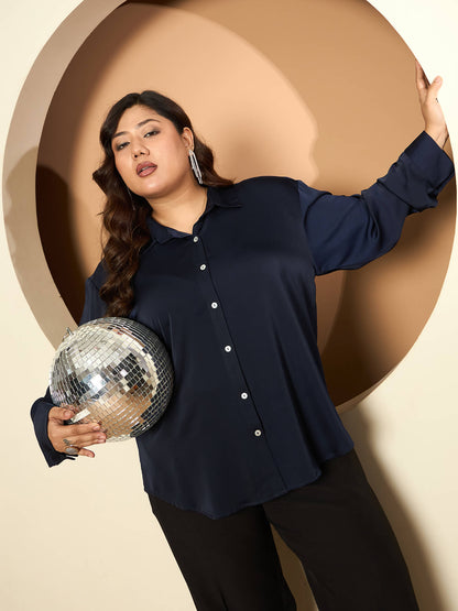 LB-Nicola Satin Button Down Shirt-Navy
