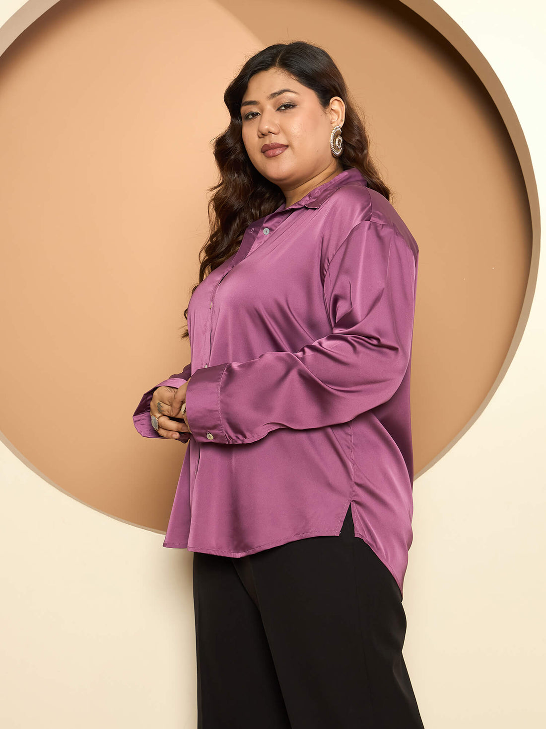 LB-Nicola Satin Button Down Shirt-Mauve Purple