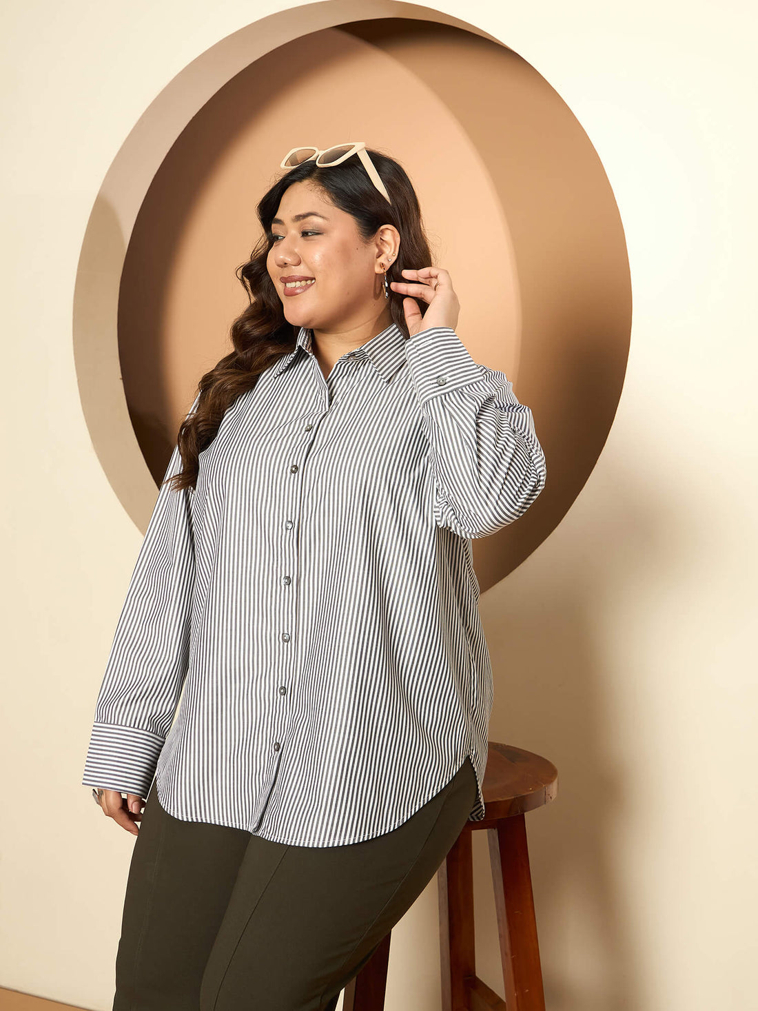 LB-Joyce Hi-Low Button Down Shirt-Grey/White