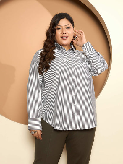 LB-Joyce Hi-Low Button Down Shirt-Grey/White