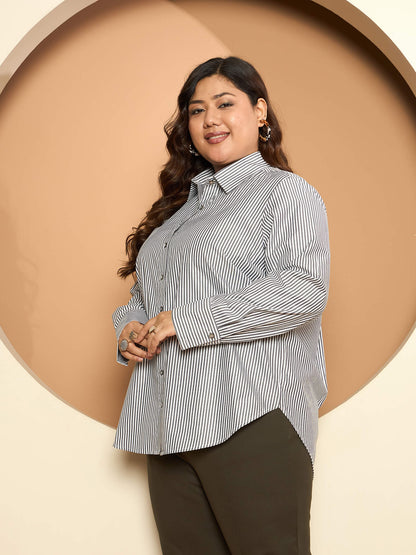 LB-Joyce Hi-Low Button Down Shirt-Grey/White