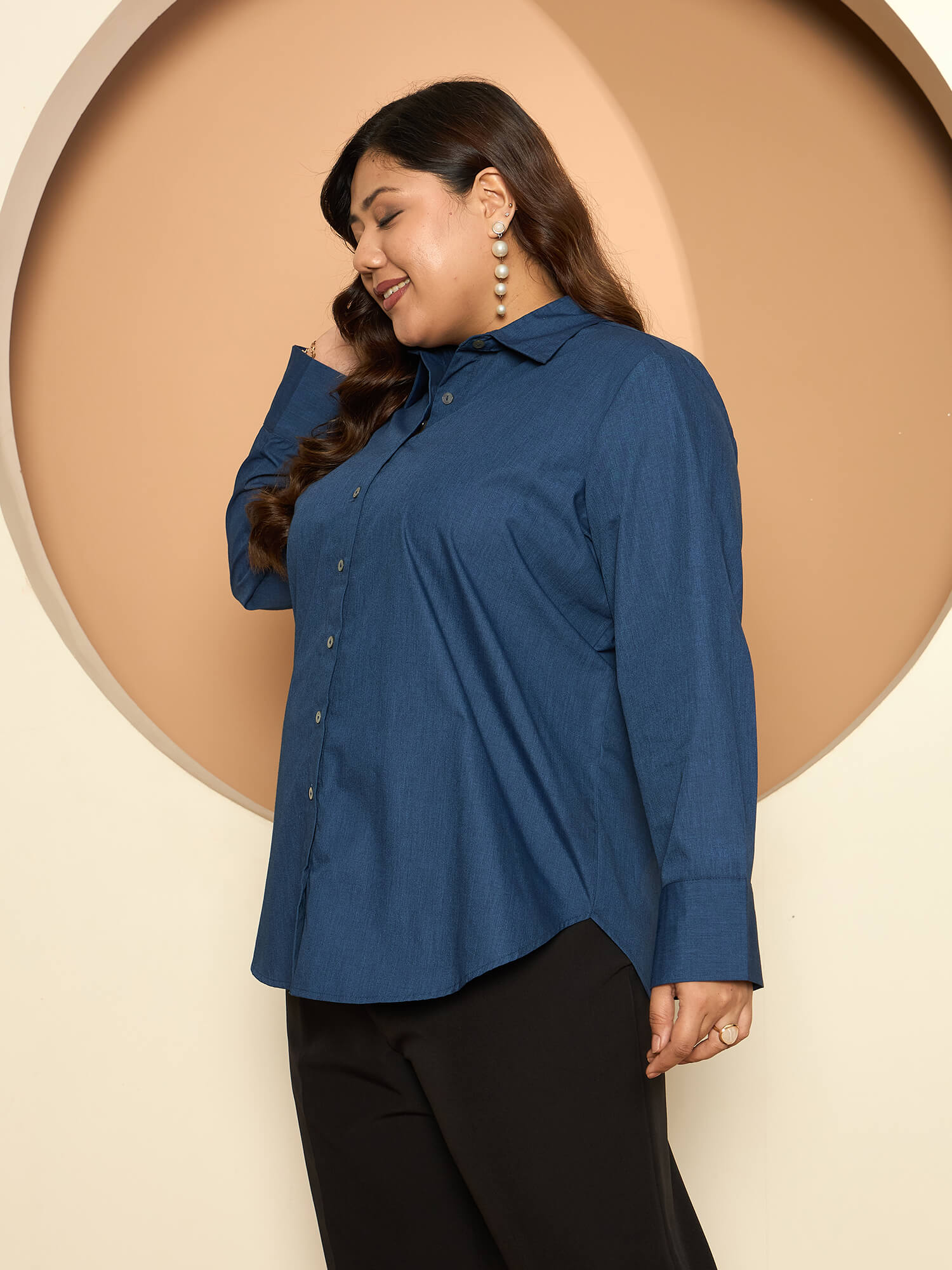 LB-Joyce Hi-Low Button Down Shirt-Indigo Blue