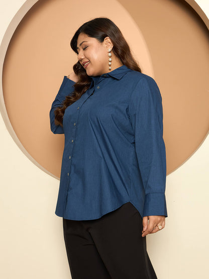 LB-Joyce Hi-Low Button Down Shirt-Indigo Blue