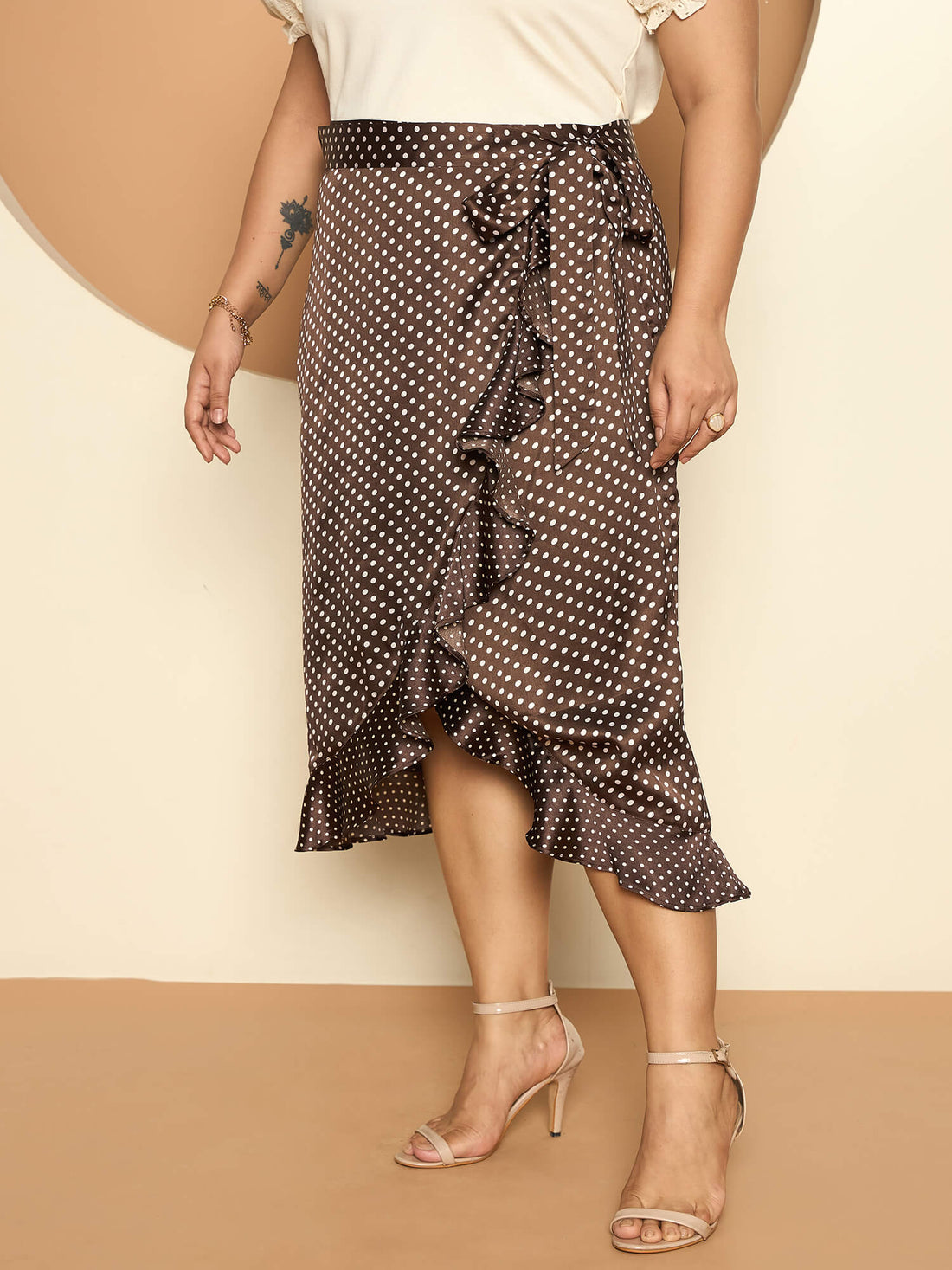 LB-Betty Ruffle Detail Wrap Skirt-Brown/Ecru