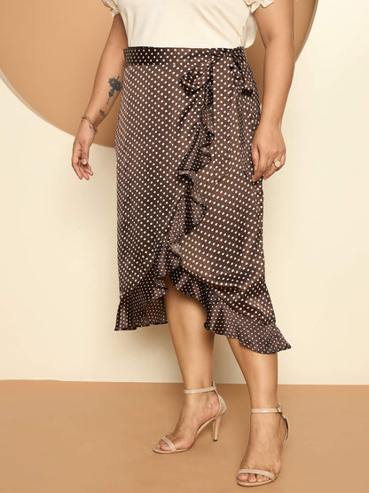 LB-Betty Ruffle Detail Wrap Skirt-Brown/Ecru