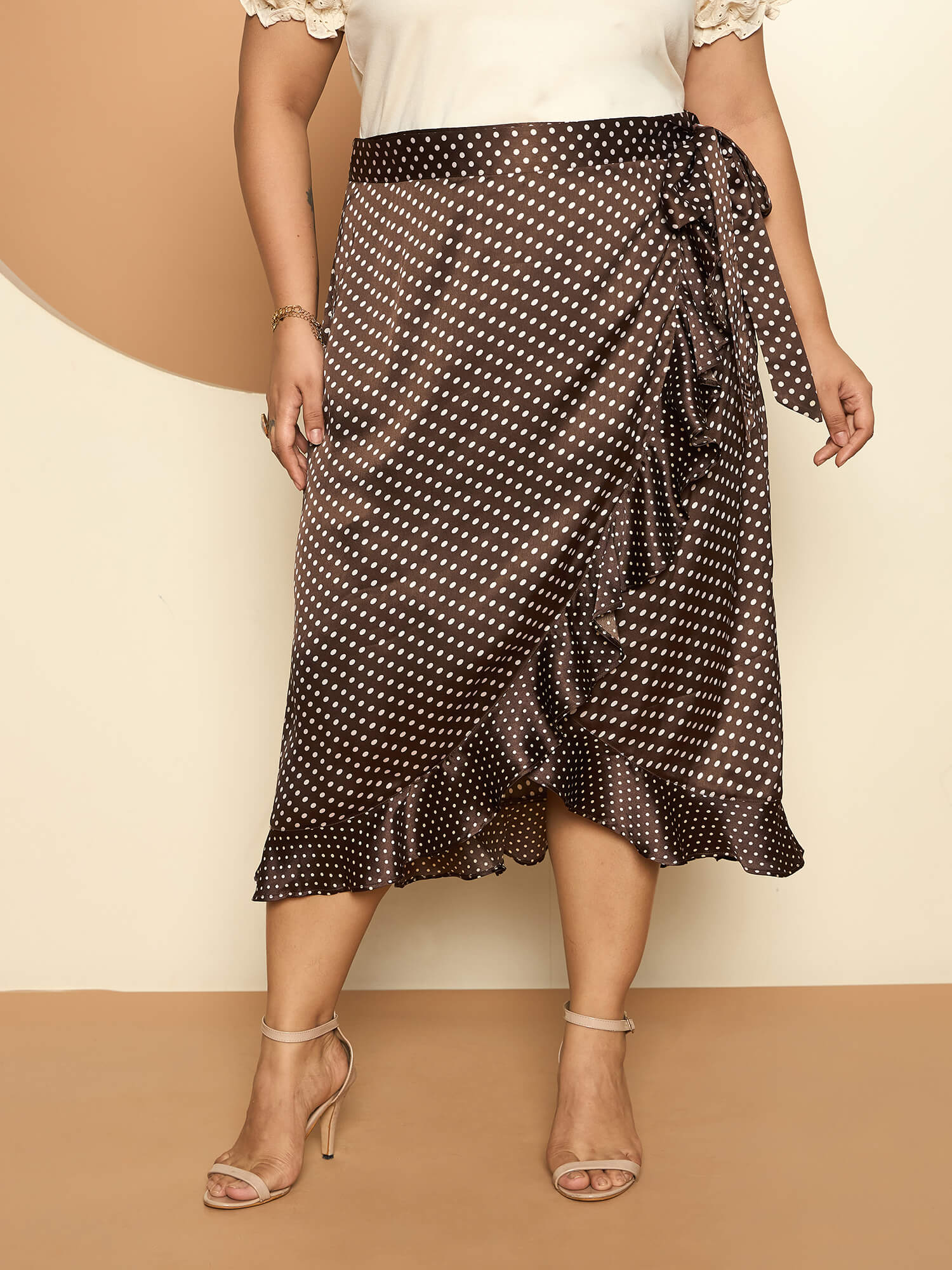 LB-Betty Ruffle Detail Wrap Skirt-Brown/Ecru