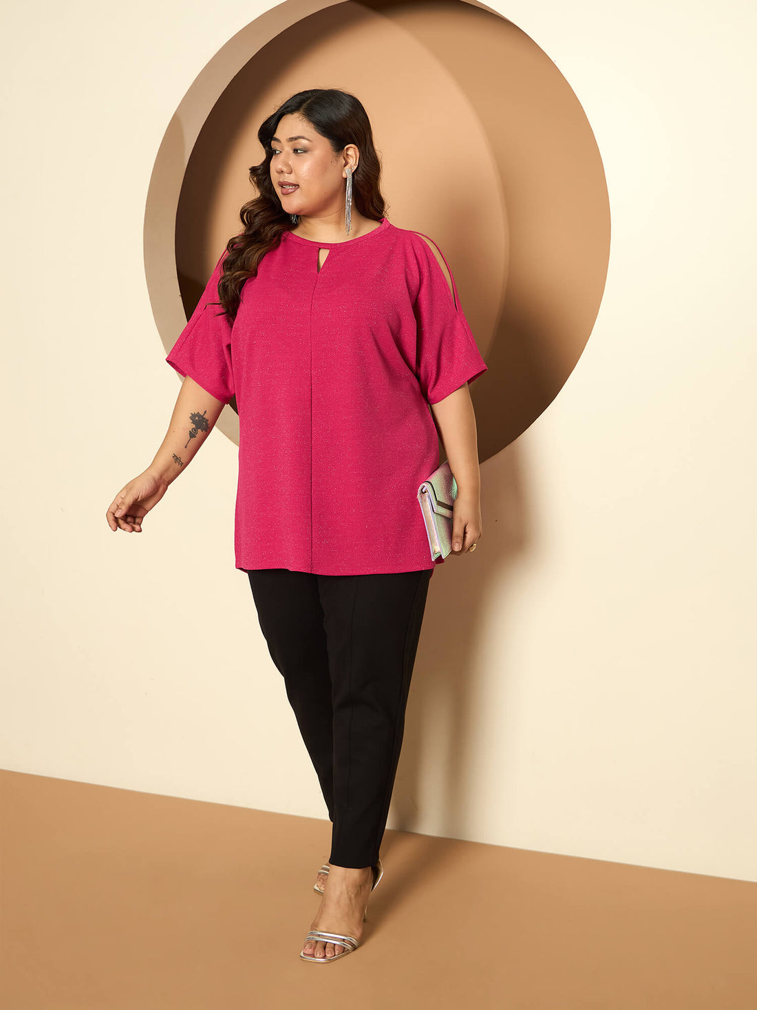 LB-Sally Cold Shoulder Dolman Sleeve Top-Hot Pink