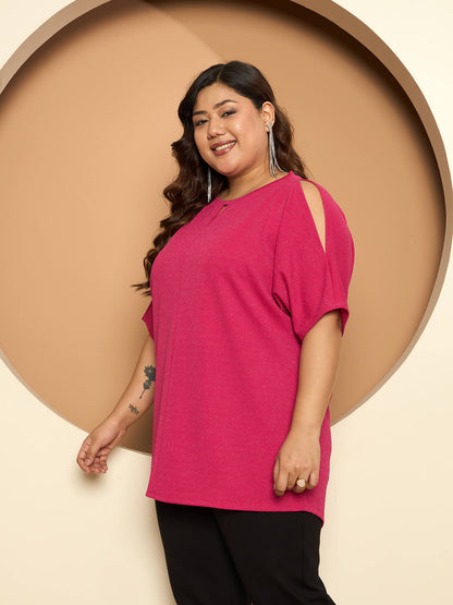 LB-Sally Cold Shoulder Dolman Sleeve Top-Hot Pink