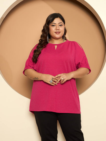 LB-Sally Cold Shoulder Dolman Sleeve Top-Hot Pink
